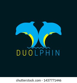the logo of two dolphins in the background, in yellow and blue, the logo business, the industrial logo, the financial logo