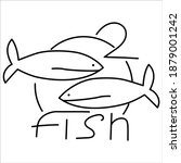 Logo with two fishes. Line vector illustration isolated on white background. The name "2 fish" for canned food and cafes. Concept art.