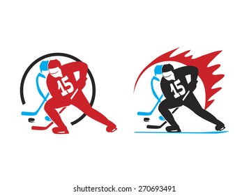 logo with two hockey players, leading puck