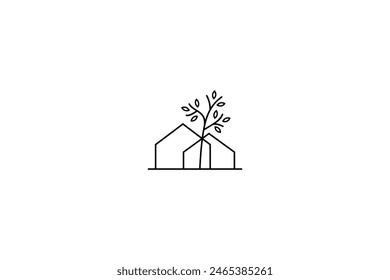 Logo de dos casas y un árbol sombreado con un concepto de diseño de línea minimalista