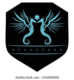the logo of two light blue seahorses, black shield