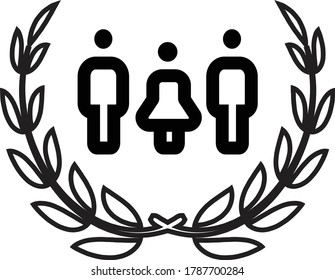 The logo of two men with one woman with the side of a wreath