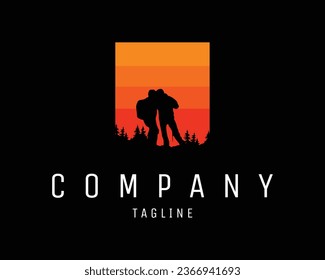 logo of two mountain climbers. silhouette vector design. isolated white background with a view from behind looking at the stunning sunset. best for badges, emblems, icons, design stickers