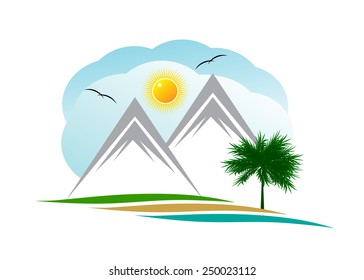 logo. Two mountains against clouds and the sun with birds