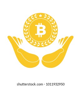 Logo With Two Open Hands And Bitcoin, Hand Logotype, Virtual Money Icon.