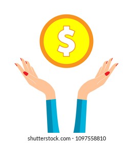 Logo with two open hands and coin, hand logotype, money icon.