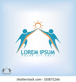 Logo two people attracted to each other in the movement of his hands with sun over them