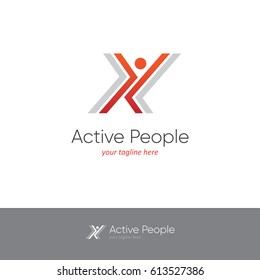 Logo with two red arrows looking like an abstract happy dancing man. Perfect for dance studio, fitness, aerobics or other sport design concept.