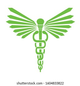 the logo of two snakes encircling a stick with two wings