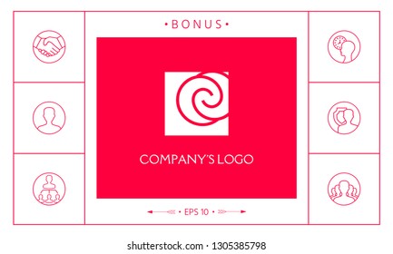 Logo - two spirals are located asymmetrically in a square - a symbol of interaction, new ideas, development.