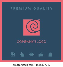 Logo - two spirals are located asymmetrically in a square - a symbol of interaction, new ideas, development.