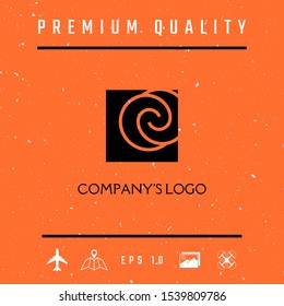 Logo - two spirals are located asymmetrically in a square - a symbol of interaction, new ideas, development.