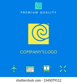 Logo - two spirals are located asymmetrically in a square - a symbol of interaction, new ideas, development.