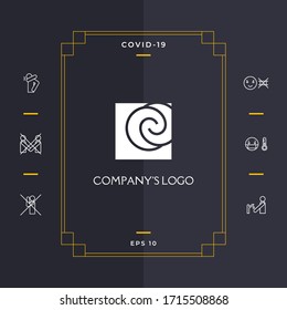 Logotipo - dos espirales se encuentran asimétricamente en un cuadrado - un símbolo de interacción, nuevas ideas, desarrollo.
