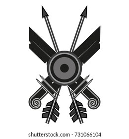 logo two swords two arrows crossed one shield on a white background