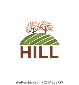 A logo with two trees on a green hill with the word "HILL" written below in brown.