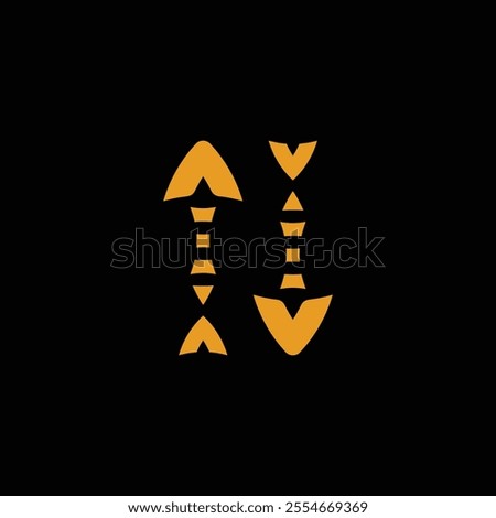 The logo of two yellow or gold fish bones forming an arrow up and down, suitable for a company logo identity