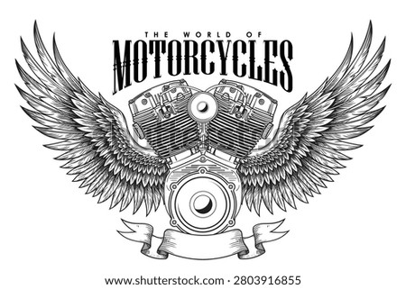 Logo of a Two-cylinder V-twin motorcycle engine and outstretched eagle wings