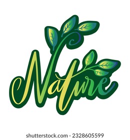 Diseño de tipografía con logotipo. Texto de la naturaleza escrito con la mano de la hoja verde