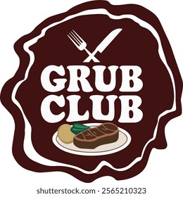 A logo with the typography "Grub Club". There's a fork and knife crossing each other in the "G" and "C". There's a plate with a steak, a potato, and a green vegetable below the text. 