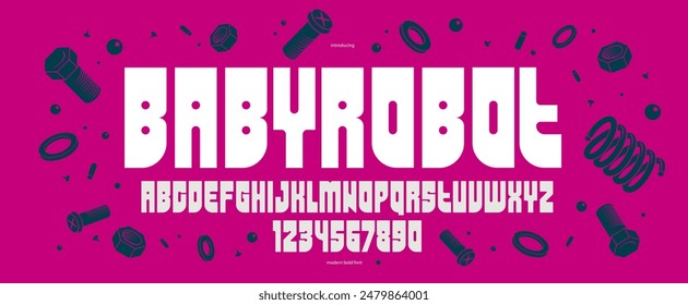 Logo typography minimal geometric display font, vector typeface in robotic futuristic comic cartoon style, alphabet letters and numbers typography for posters and headlines.
