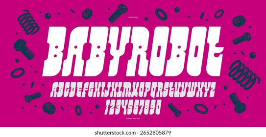 Tipografia de logotipo fonte de exibição geométrica mínima, tipo vetorial em estilo de quadrinhos futurista robótico, letras alfabéticas e números tipografia para cartazes e manchetes, versão itálica.