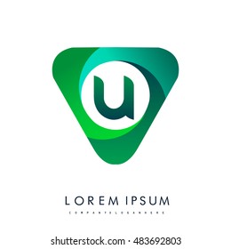 Logo U letter, green colored in the triangle shape, Vector design template elements for your application or company identity.