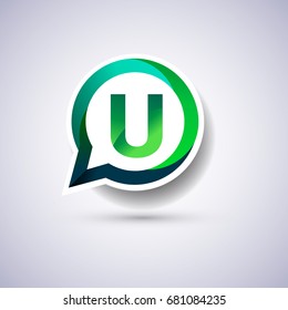 logo U letter green colored on circle chat icon. Vector design for your application or company identity.