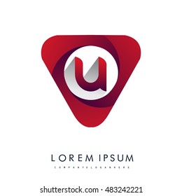 Logo U letter red colored in the triangle shape, Vector design template elements for your application or company identity.