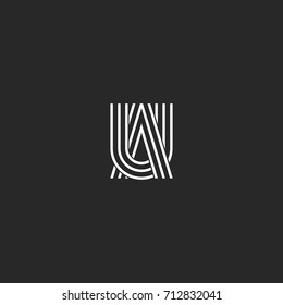 Logo UA letters monogram combination symbols, thin lines linked two capital letters U and A, AU emblem business card typography design element.