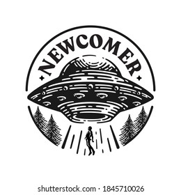 logo UFO abducts human. Space ship UFO ray of light in the night sky. Vector illustration in vintage style