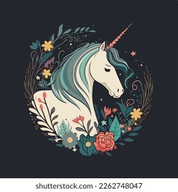 A logo with a unicorn majestic minimalistic flowers