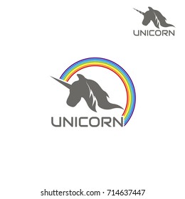 Logo unicorn is surrounded by a rainbow