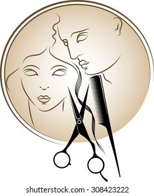 Logo for unisex hairdresser. Face female and male face. With a lock of hair, comb and scissors. To sign or business card.