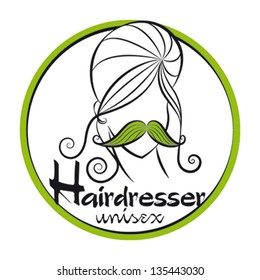 Logo for unisex hairdressing shop. Female head with chignon, curls and mustache. To sign or business card