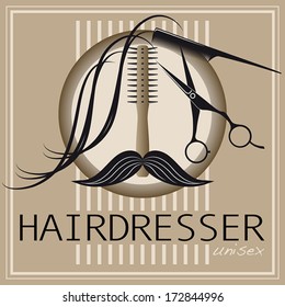 Logo for unisex hairdressing shop. With a lock of hair, mustache, brush comb and professional scissors.  Compounds to create a face. To sign or business card 