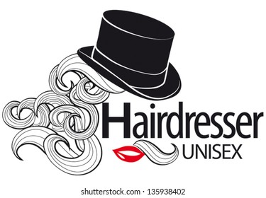 Logo for unisex hairdressing shop. Top Hat. Bunches of curls. Lips. Half mustache. To sign or business card. 