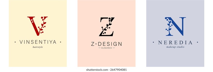 Logo V, capital letter Z, N. Monogram of Botanical Minimalistic, Initial. with Organic Plant Elements. Vector design. 