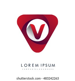 Logo V letter red colored in the triangle shape, Vector design template elements for your application or company identity.