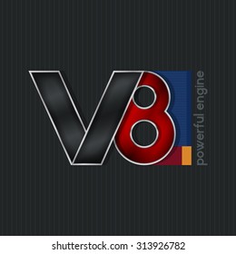 Logo V8  Powerfull Engine, Bright Volumetric Emblem V8,  Vector Illustration