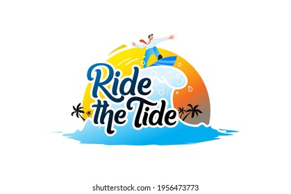 Logo of vacation, Summer travel winner champion concept. men ride the tide of Sea wave. resort, sun, mountains and palm tree