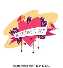 Logo Valentine's Day with heart, ribbon, plants and birds on isolated background. You can use this vector illustration for greeting cards,invitations, stickers, logo, print.