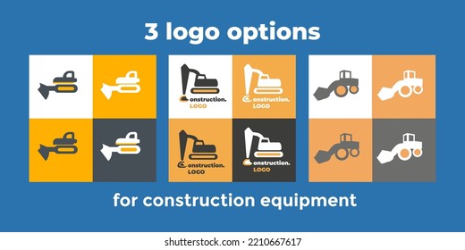 Logo Variants For Construction Equipment. Logotype Industry Digger. Excavator Business Logo. Tractor For Rent Silhouette. Vector Bulldozer Icons