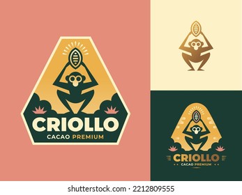 logo and variations for a cocoa or coffee brand. Illustration of a monkey with a bean. Visual identity for a tropical brand. Set of badges with an ape.