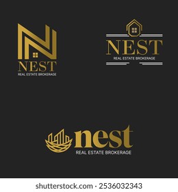 Logo variations for "Nest Real Estate Brokerage," using gold tones with house and nest symbols on a dark background, conveying luxury and sophistication.