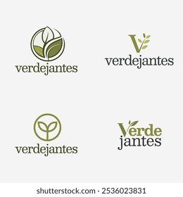 Variações de logotipo para "Verdejantes", com tons verdes e desenhos inspirados em plantas com folhas minimalistas e formas orgânicas.