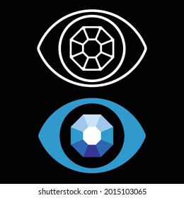 Logo vector in 2 versions, Line art and Flat style, depicting of octagonal bluish diamond with somekind of 3D illusion touch, on a glaring eye. EPS8 file.