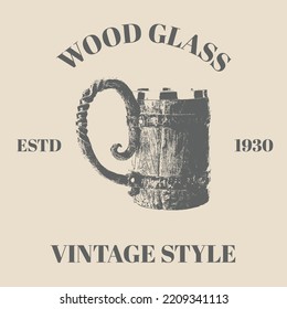 Logo vector beer mug with retro vintage style. Wooden glass of foam drink. A hand-drawn sketch. Engraving style. Color illustration for menu design, advertising, packaging template design