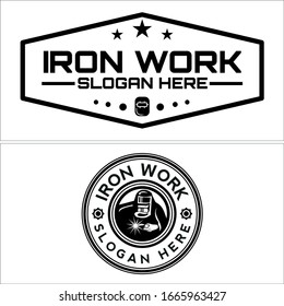 Logo vector with black star gear mask and welder hold a welding tool symbol work for construction iron steel metal stair industrial