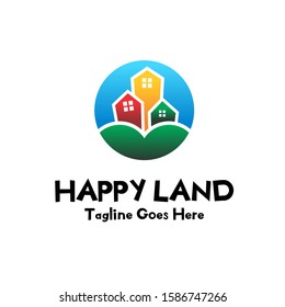 logo vector circle with hills and colorful houses and blue skies, icon template background.